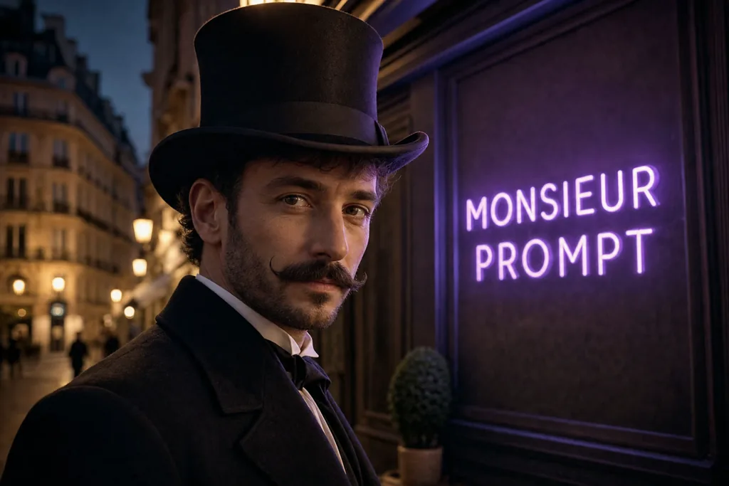 Portrait de Monsieur Prompt, gentleman au haut-de-forme devant une enseigne néon, généré avec GPT Image 2