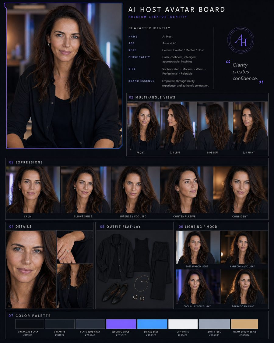 Avatar board IA — femme : angles, expressions, détails, tenue, lumière et palette