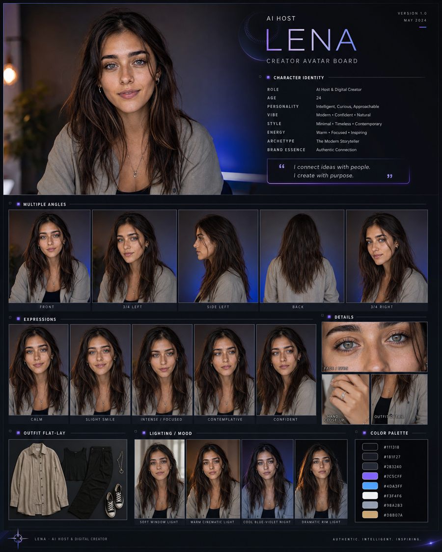 Avatar board IA — jeune femme : angles, expressions, détails, tenue, lumière et palette