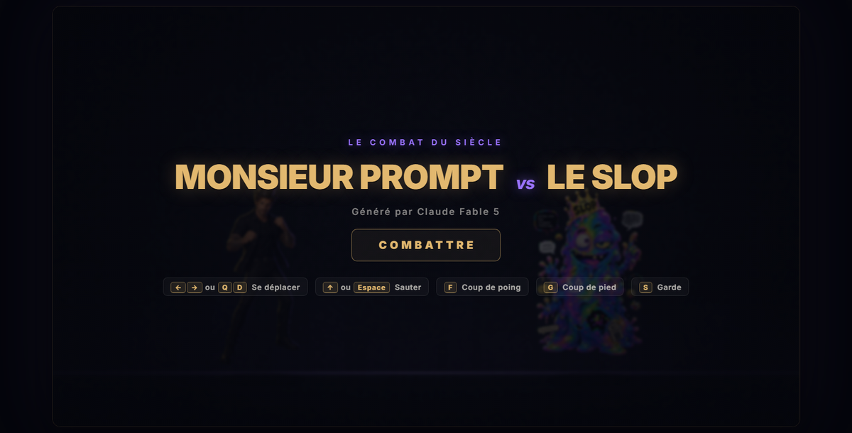 Écran titre du jeu de combat Monsieur Prompt contre le Slop, généré par Claude Fable 5