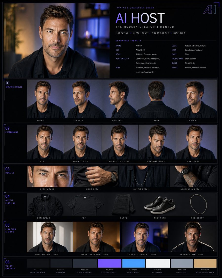 Avatar board IA — homme : angles, expressions, détails, tenue, lumière et palette