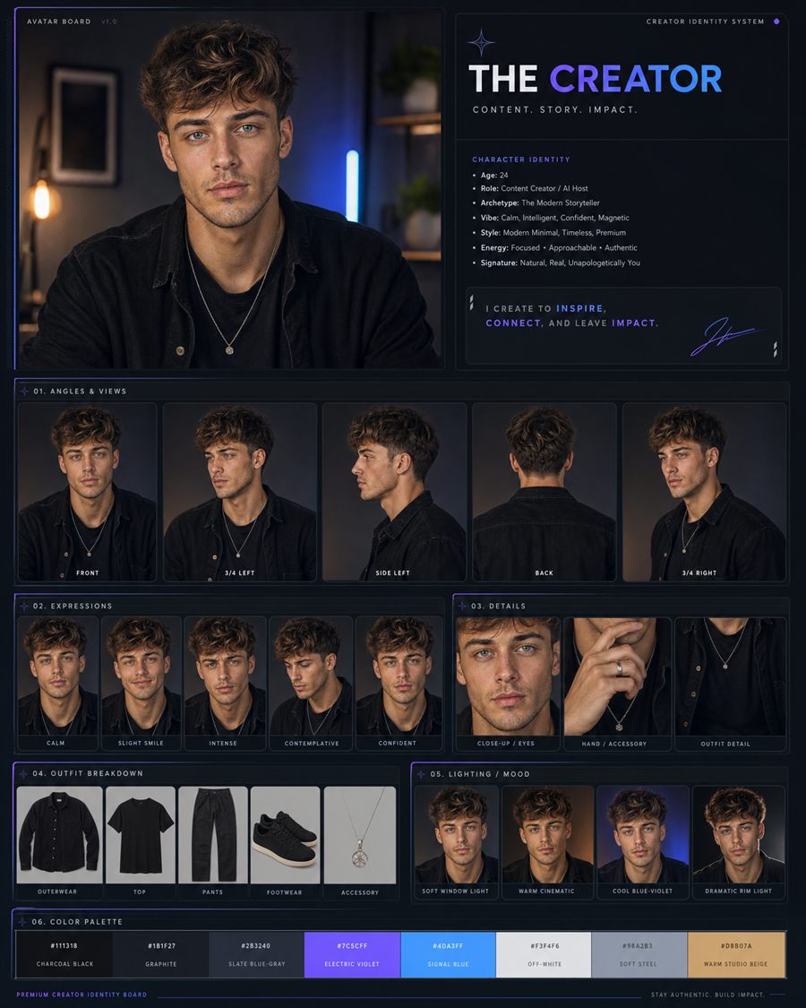 Avatar board IA — jeune homme : angles, expressions, détails, tenue, lumière et palette